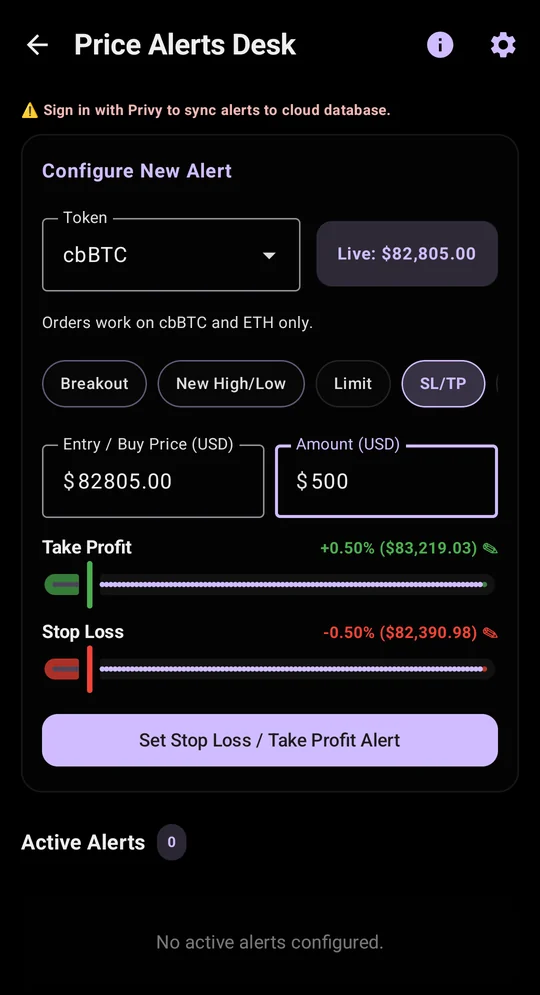 Setting a stop-loss and take-profit on cbBTC, with sliders for both prices