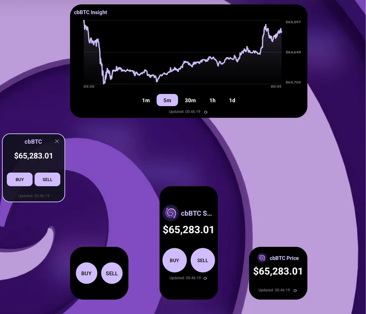 A cbBTC price chart widget and price widgets with buy and sell buttons on an Android home screen